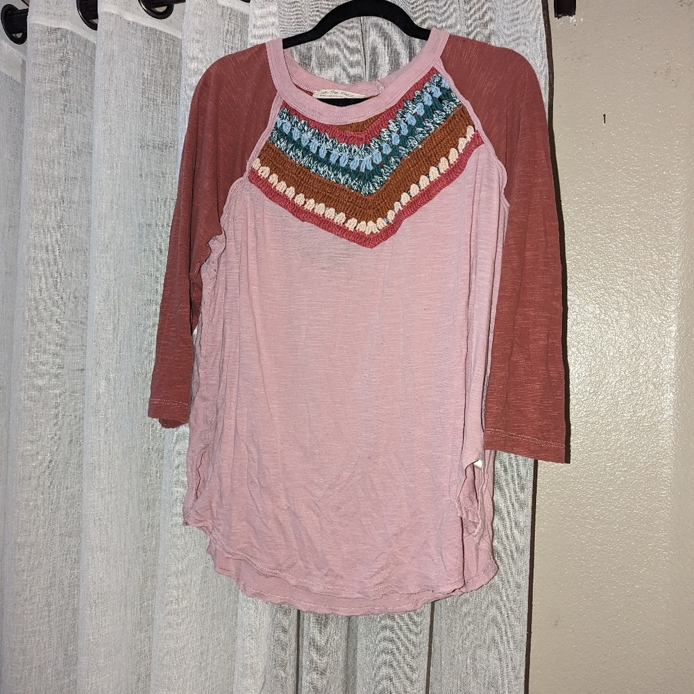 Women’s Pink Raglan Top with Multicolor Crochet Yoke